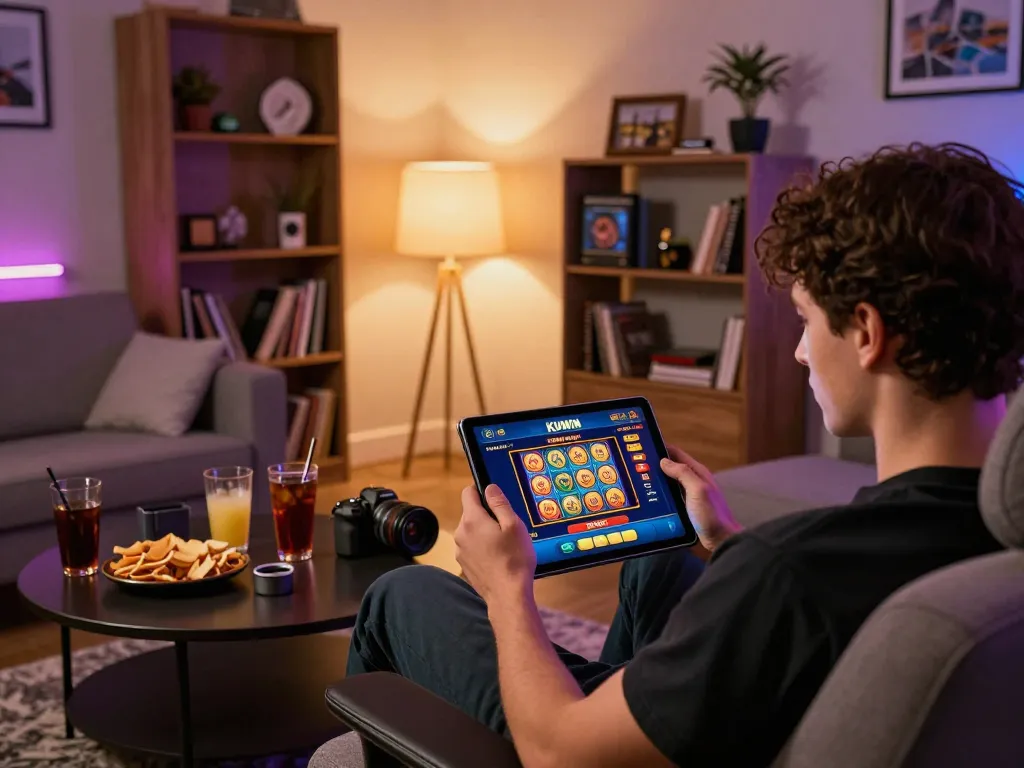Kuwin gaming interface displayed on a tablet, showcasing exciting online casino options in a cozy living room setting.