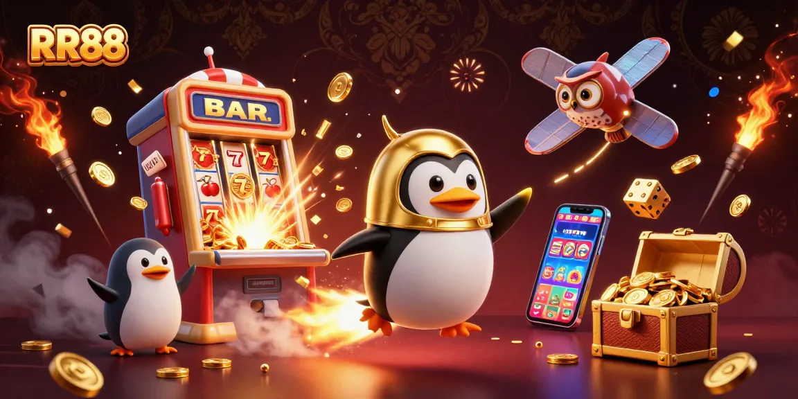 RR88 penguin launches into space toward a casino, surrounded by jackpot symbols and treasures.