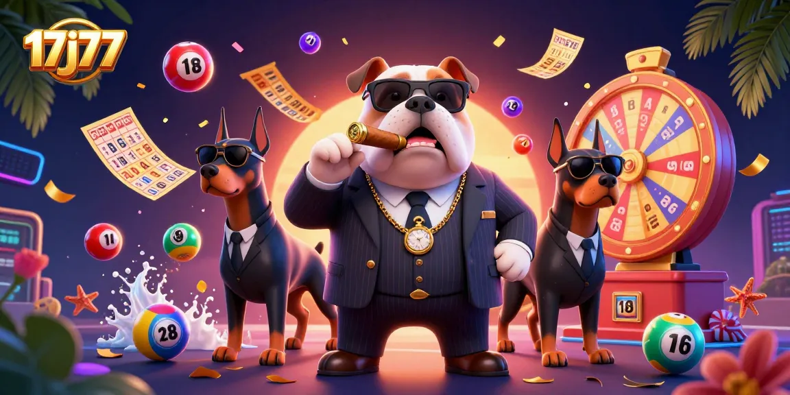 Engage with 17j77's vibrant lottery scene featuring a mafia bulldog amidst colorful balls and prizes.
