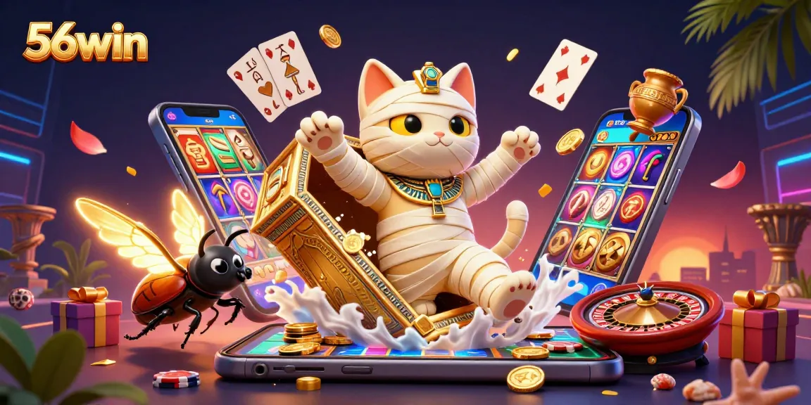 Engage in thrilling gameplay at 56win with a cartoon mummy and gold treasures in a vibrant casino.
