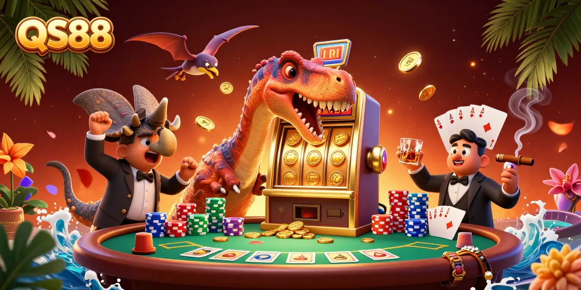 Engage with QS88's thrilling jackpot experience as a dinosaur meets a golden slot machine in a vibrant casino.