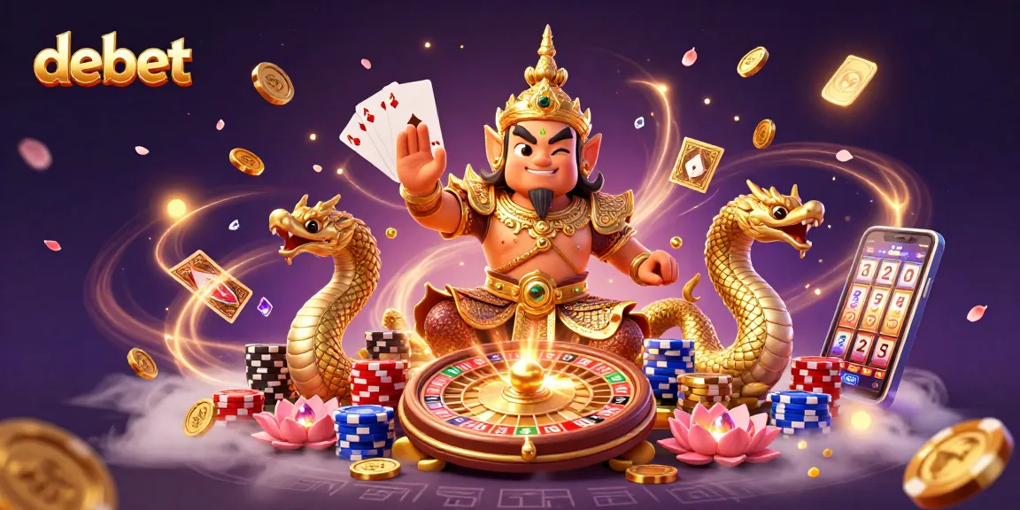 Experience the thrill with debet in this vibrant casino-themed 3D illustration featuring guardians and gold.
