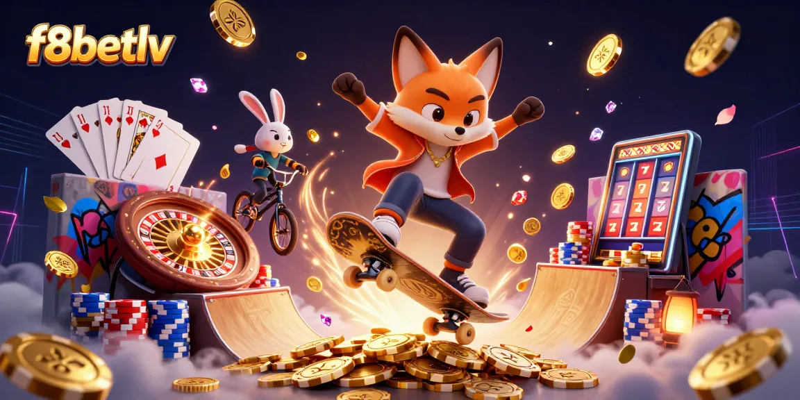 Experience the thrill of f8betlv with an exciting casino-themed 3D illustration showcasing vibrant gaming activities.