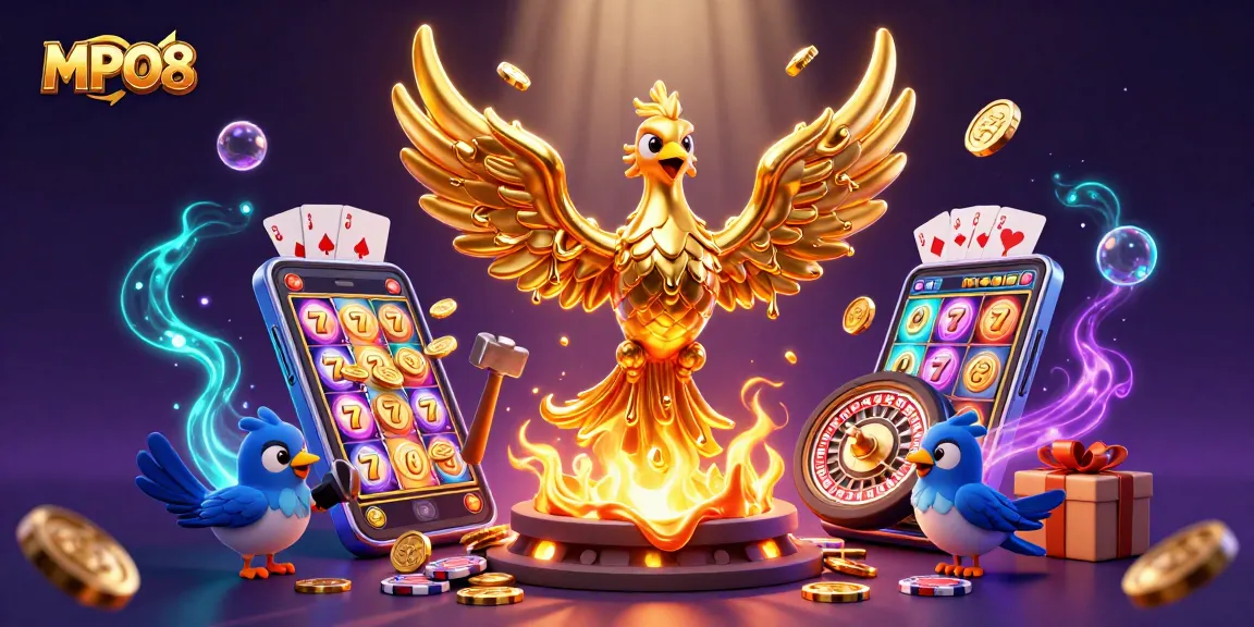 MPO08 players enjoying dynamic slot games amid golden phoenix and casino elements