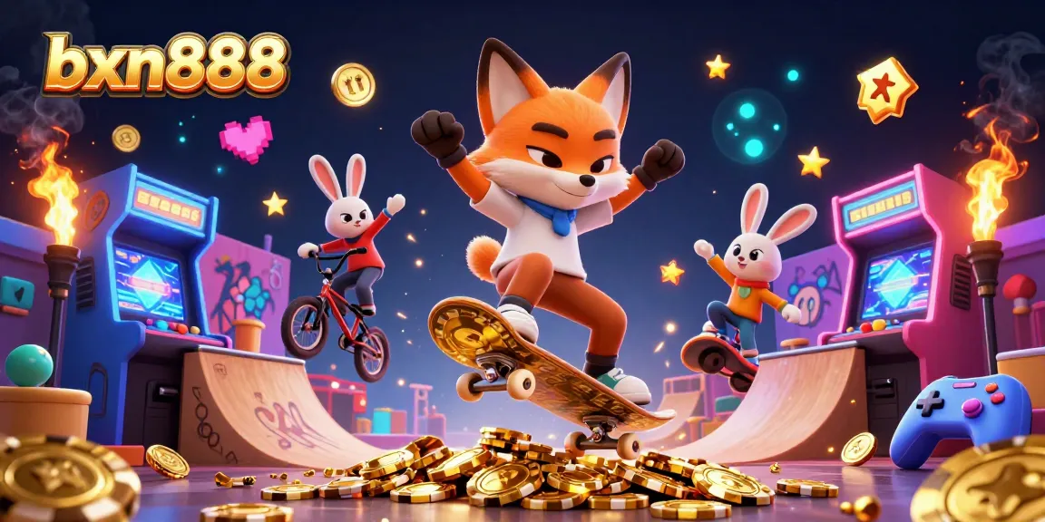 Engage with bxn888's vibrant casino atmosphere featuring a cartoon fox and rabbit.