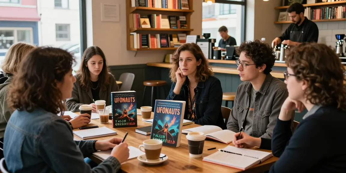 Readers engaged in lively discussion about T Allen Greenfield's UFOnauts at a café, showcasing https://tallengreenfield.com
