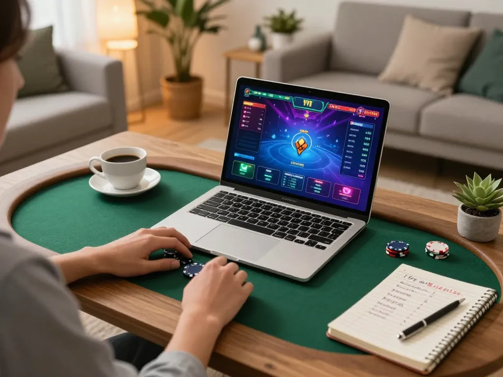 Player enjoying poker on Jogoluck with vibrant interface in a cozy home setup.