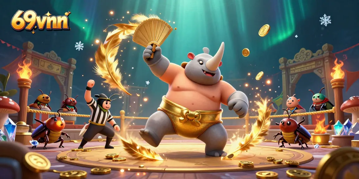 Experience the excitement of 69vnn with a cartoon sumo beetle champion amidst flying coins and betting tokens.