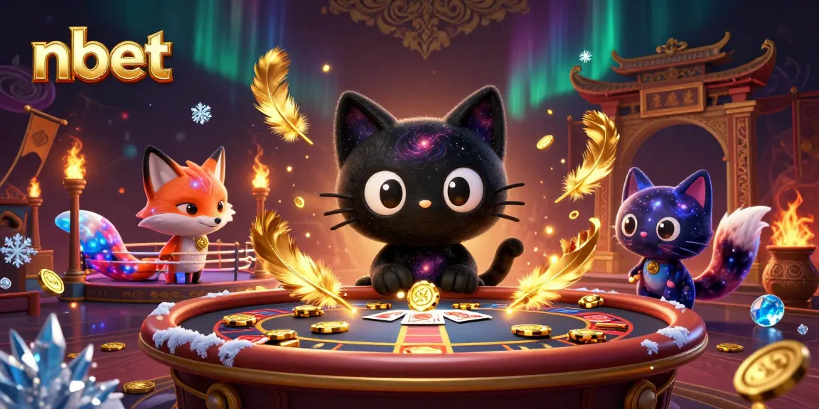 Engage in nbet's cosmic casino adventure with a black hole cat and a nebula fox amidst vibrant game elements.