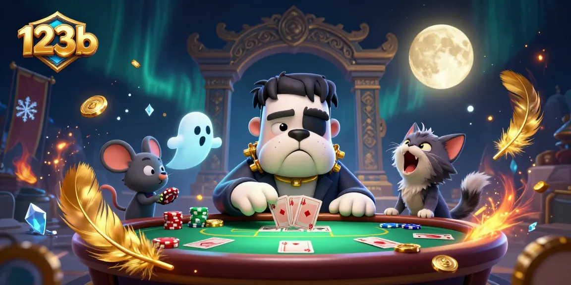 Engage in thrilling poker action at 123b with unique characters and vibrant casino elements.