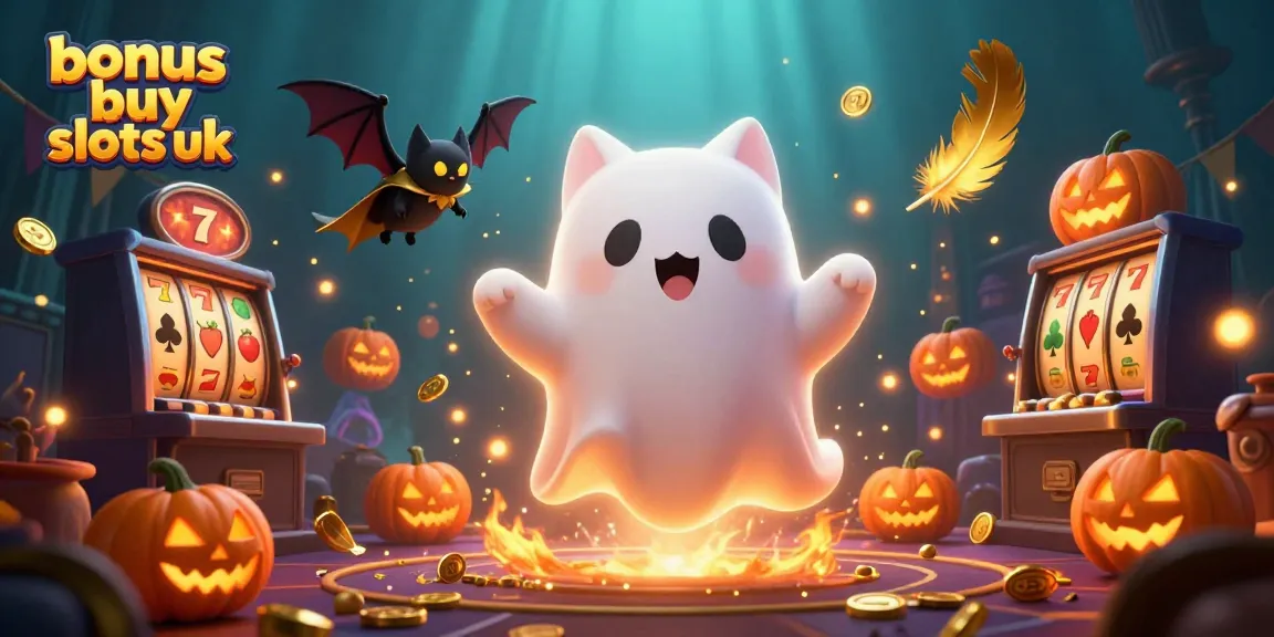 Experience the thrill of bonus buy slots UK with our vibrant 3D illustration featuring a ghost cat and friends.