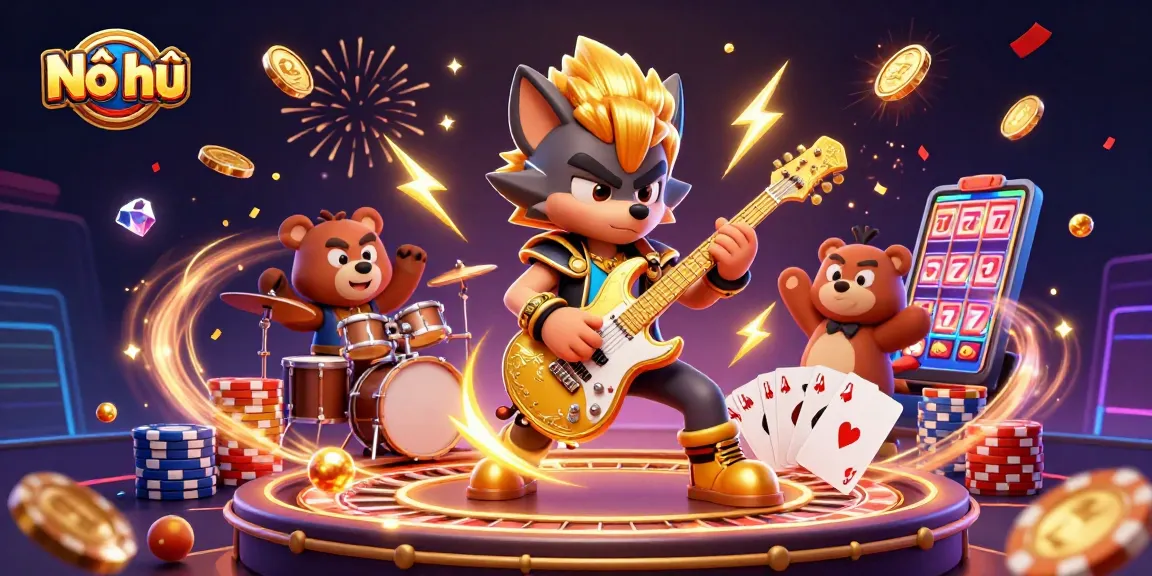 Experience Nổ hũ excitement as a rock star wolf plays on stage amid golden coins and slot machines.