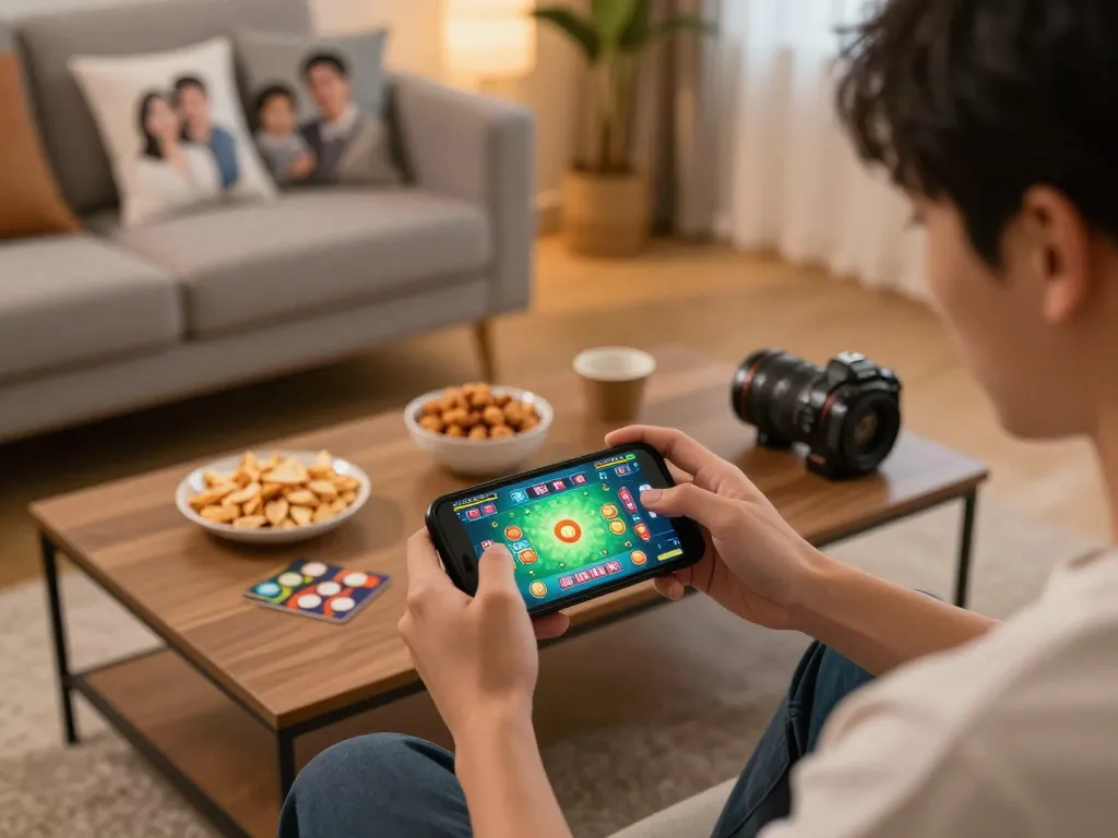 Engaging home gaming scene with taixiuonlinego app displayed on smartphone, snacks and warm lighting enhance the experience.