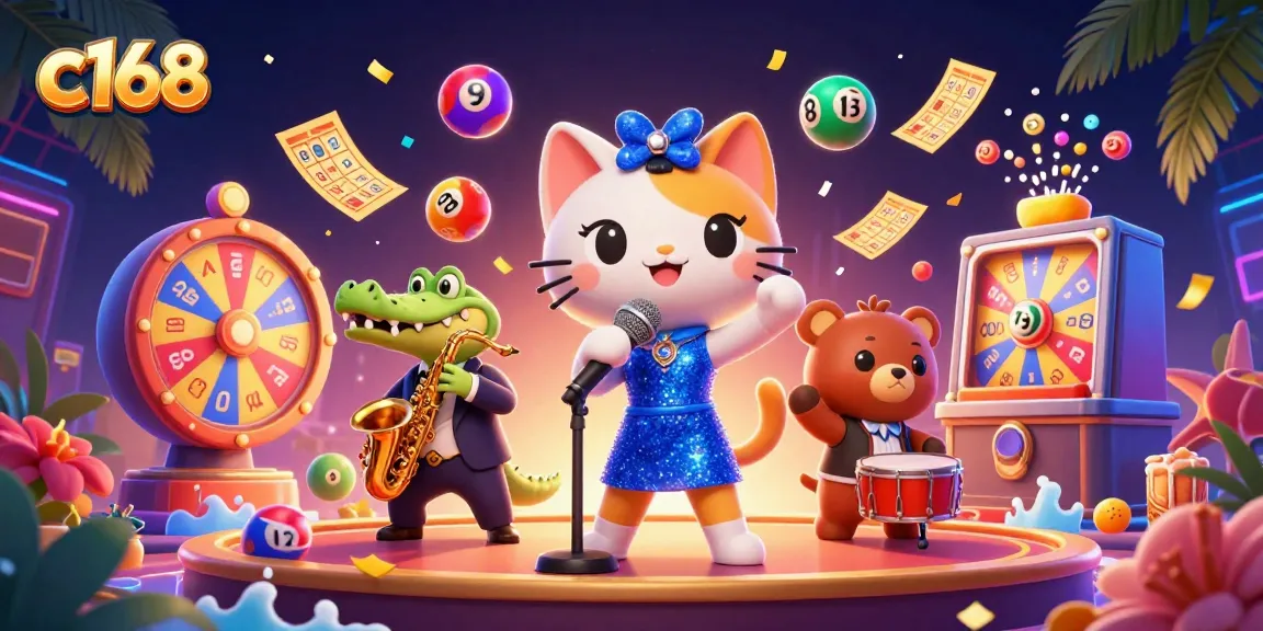 Experience the thrill of c168 with an energetic jazz-singer cat and exciting lottery fun in this vibrant casino scene.