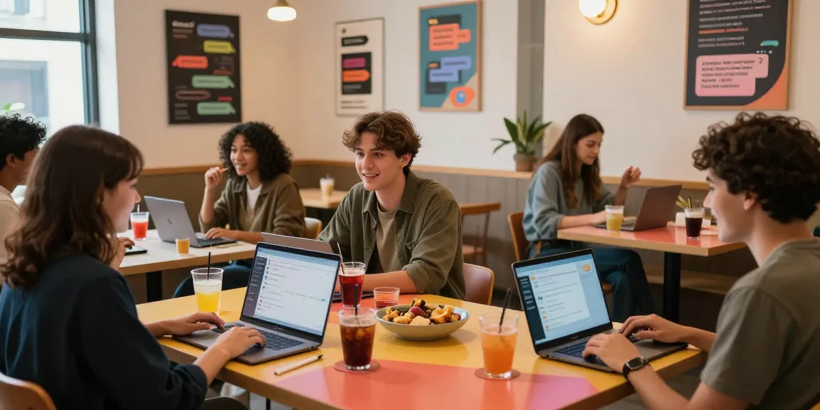Engaging scene of young adults enjoying spicy chat conversations in a vibrant digital cafe.