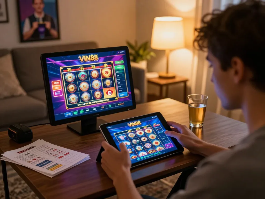Engaging in thrilling VIN88 gaming experience on a tablet in a cozy living room setting