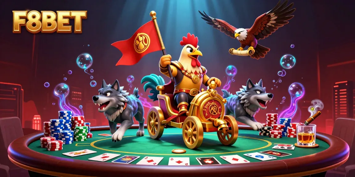 Experience F8BET thrills with a dynamic 3D illustration featuring a rooster warlord in an exhilarating casino battle.