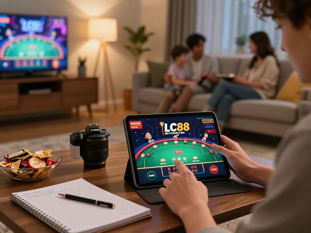 Play poker online at LC88 casino app from a cozy home setup.