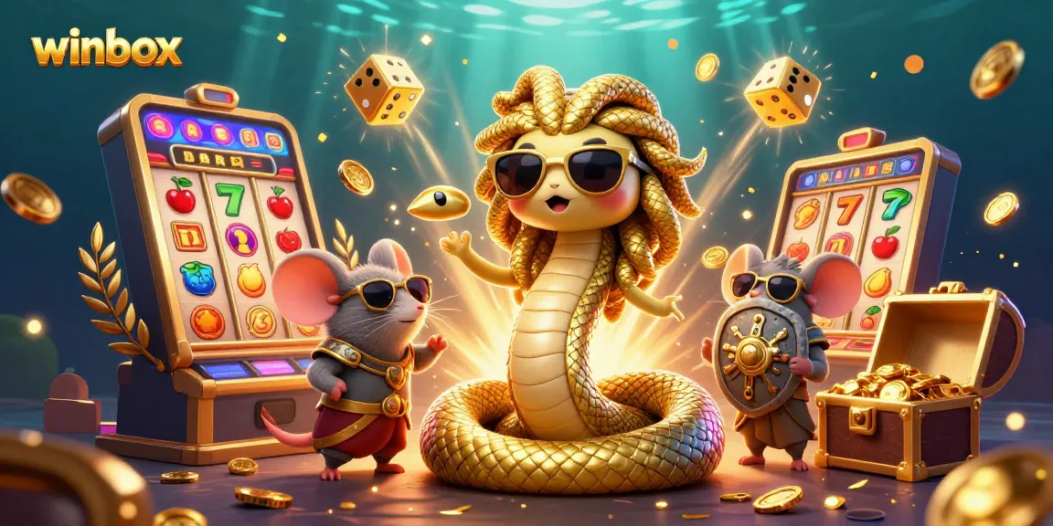 winbox slots and games come to life with Medusa and a warrior mouse in a festive casino scene