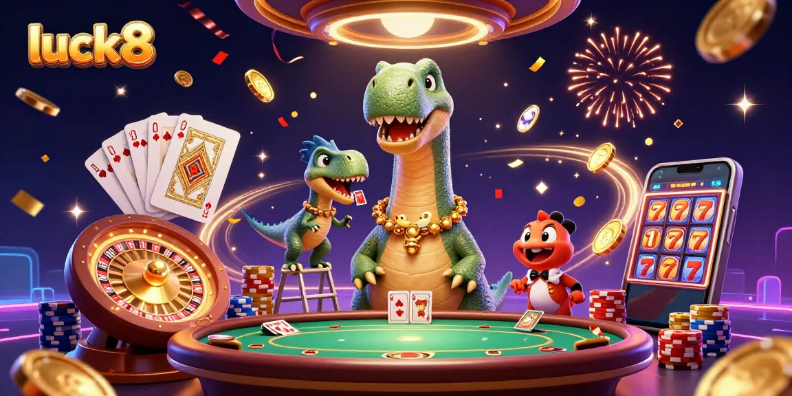 Experience excitement with luck8 at a vibrant casino scene featuring fun animated characters and games.