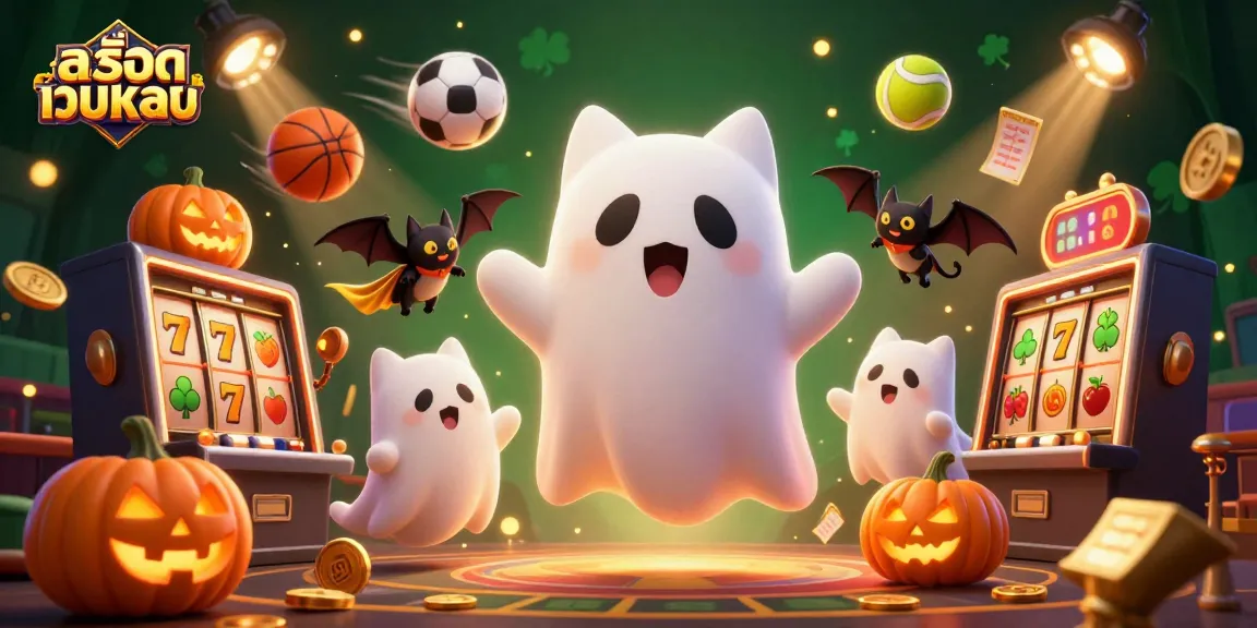 Engage with สล็อตเว็บตรง at the haunted casino mansion, featuring a friendly ghost cat and a vampire bat amidst vibrant gaming elements.
