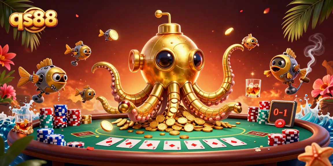 Experience thrilling action at qs88 with a golden kraken amidst a bounty of poker chips and cards.