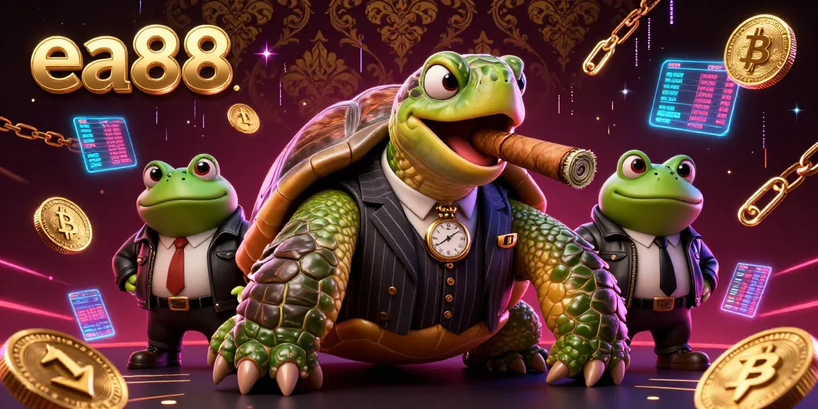 Exciting ea88 gambling scene with a cartoon turtle in a mobster suit, surrounded by neon crypto elements.
