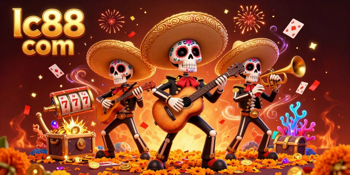 Spin lucky reels with vibrant gaming excitement at lc88 com featuring colorful mariachi band amid treasure-themed elements.