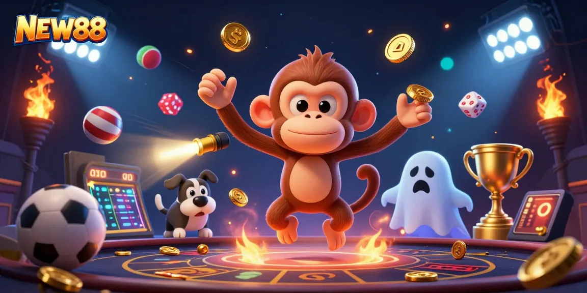 Experience the thrill of NEW88 with a playful poltergeist monkey and a ghost-hunter puppy in action.