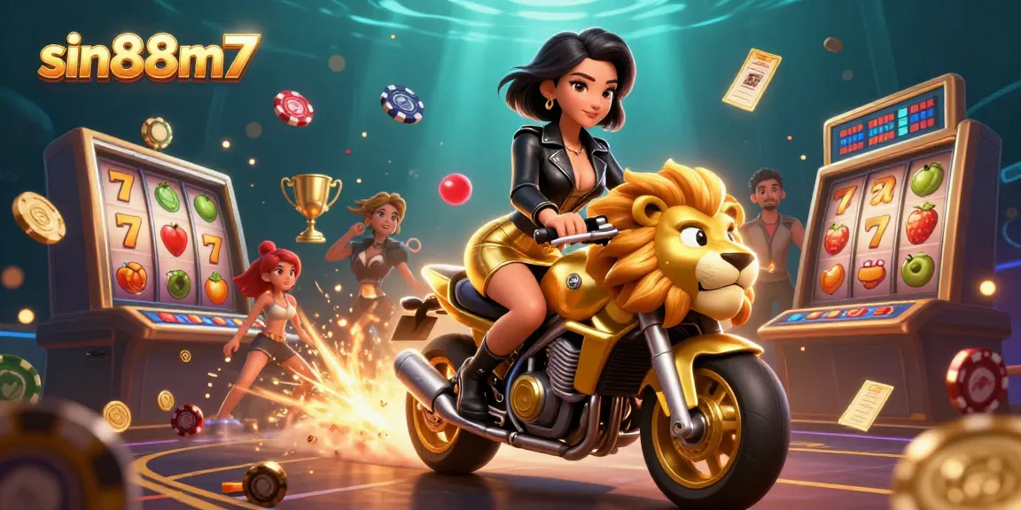 Experience thrilling slots action at sin88m7 with a glamorous character riding a golden lion amidst vibrant gameplay.