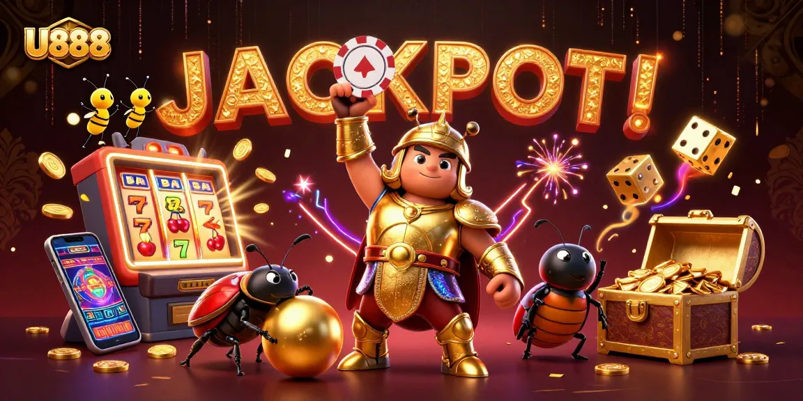 U888 casino beetle celebrating victory with poker chip amidst vibrant gambling scenes.