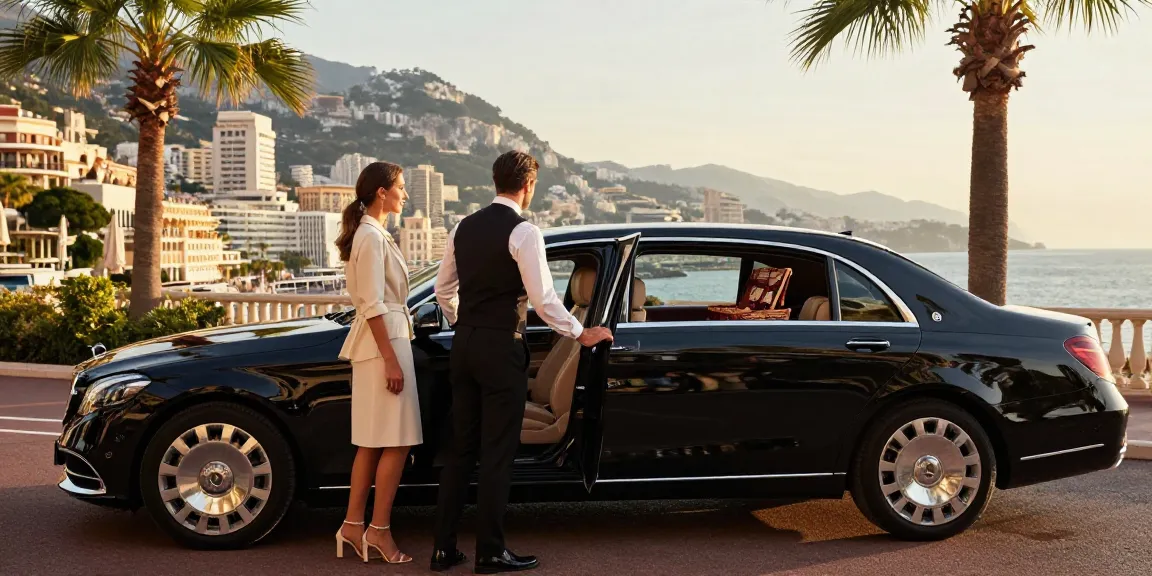 Service horaire Nice Cannes Monaco Saint-Tropez avec chauffeur privé élégant devant une limousine de luxe à Monaco.
