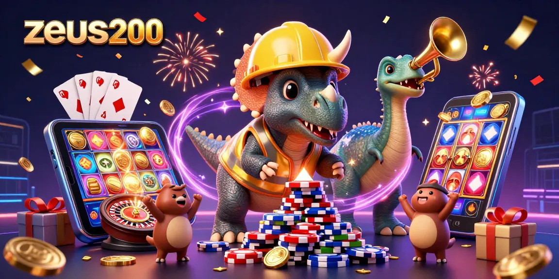 zeus200 membangun piramida chip poker dengan triceratops dan selebrasi dikelilingi elemen kasino