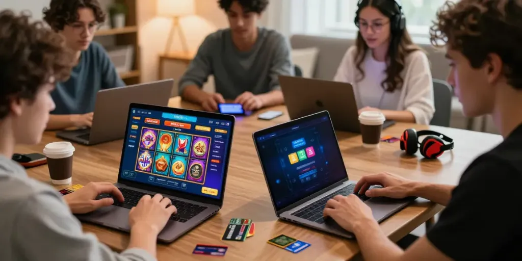 Exciting online credit card casinos scene with diverse players enjoying casino games on digital devices in a cozy living room.