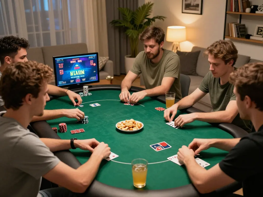 Friends enjoying a lively poker session with keonhacai gaming interface on screen, creating a fun atmosphere.
