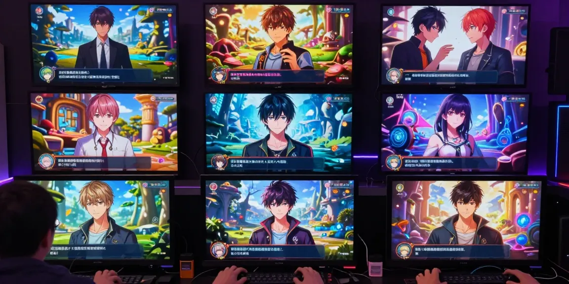Engaging hentaigame scene with diverse characters in interactive visual novels on digital devices.