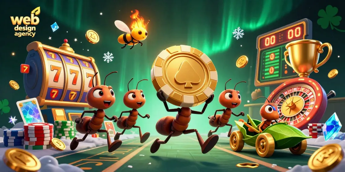 Engaging scene of a web design agency with ants carrying a poker chip through a colorful casino setting.