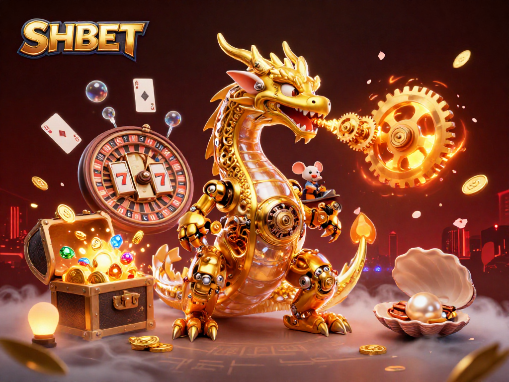 Join the excitement of SHBET with a vibrant scene showcasing a biomechanical dragon, jackpot slots, and floating cards.