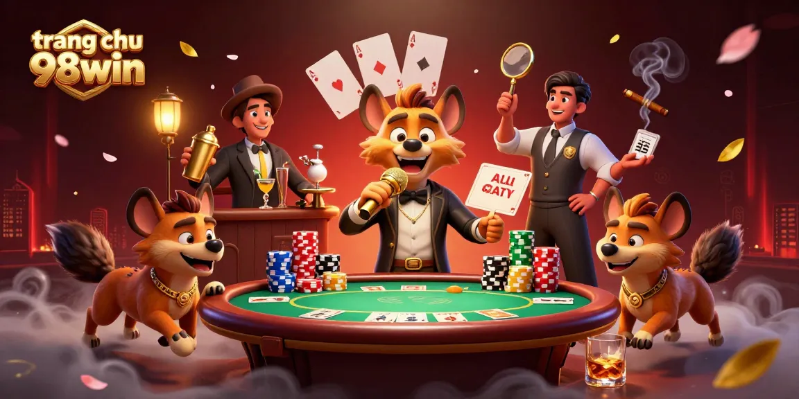 Engaging scene with trang chu 98win hyenas in a vibrant casino atmosphere full of poker action.