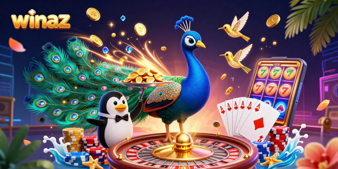 Experience the excitement of winaz with a vibrant 3D casino scene featuring a peacock, penguin, and gems.