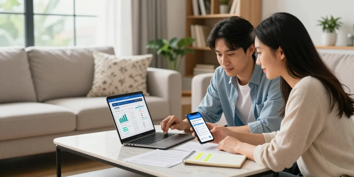 Calculate hipoteca with a couple using a laptop in a cozy living room, exploring mortgage options.