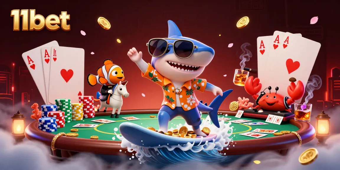11bet features a vibrant 3D cartoon scene with a shark and poker elements for engaging players.