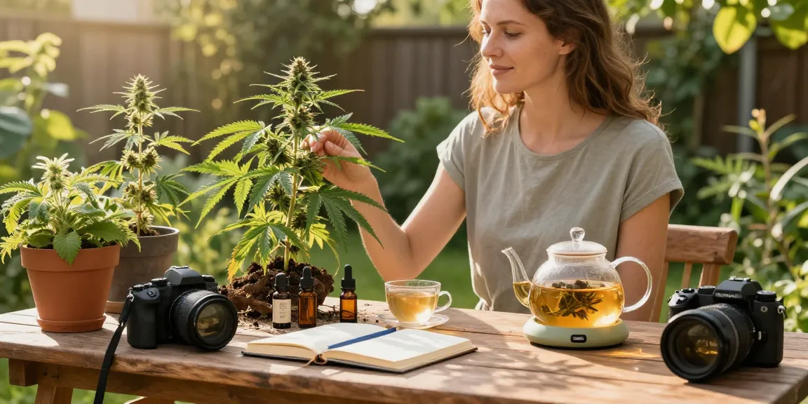 Ministry of Cannabis wellness routine featuring CBD-infused tea and vibrant hemp plants, emphasizing natural health benefits.