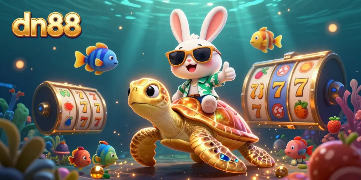 Join dn88's vibrant gaming scene with a lucky rabbit and gold turtle amidst exciting slot reels.