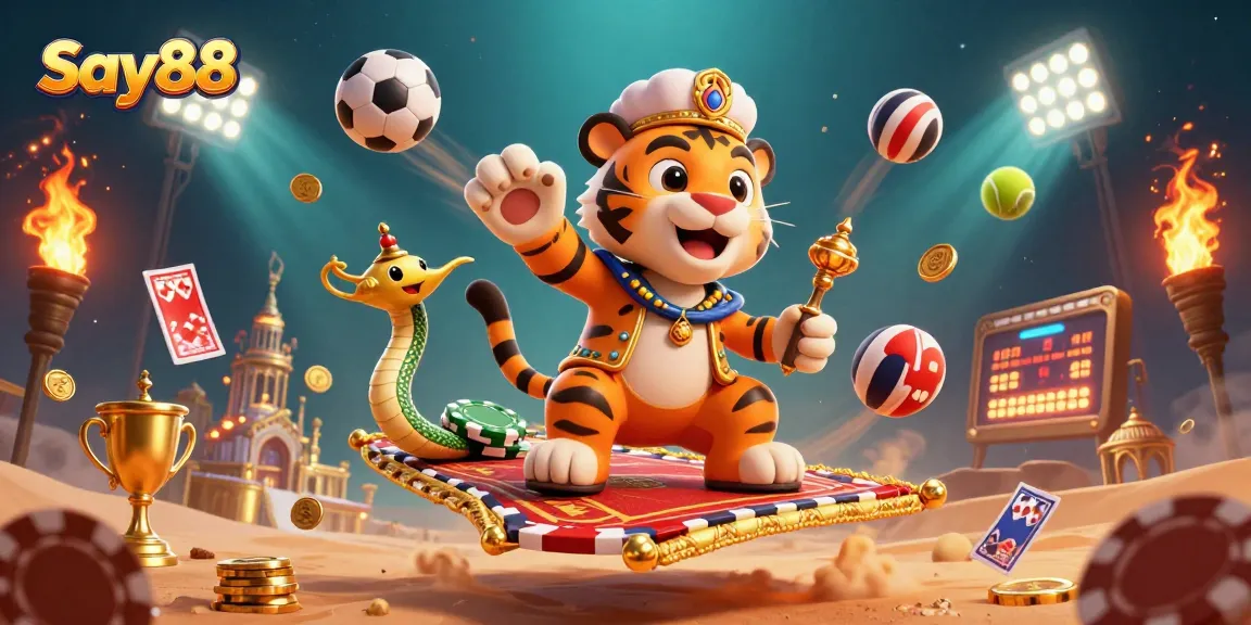 Join the excitement at Say88 with vibrant casino illustrations showcasing thrilling games and rewards.