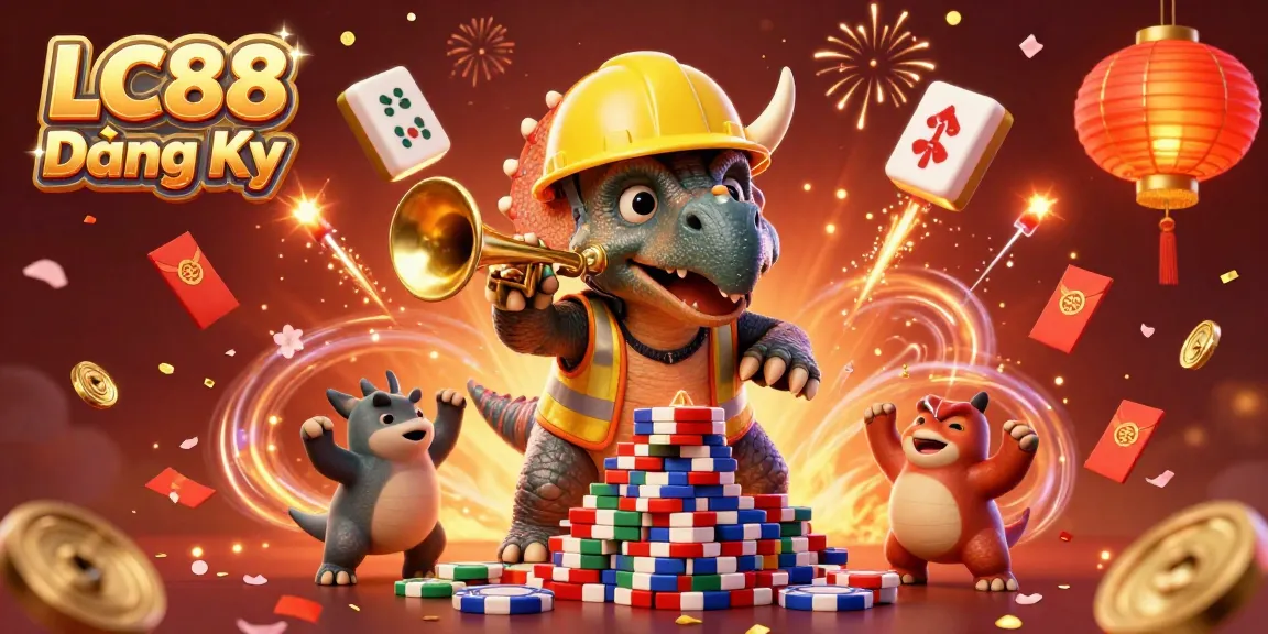 Join the excitement with LC88 Đăng Ký by witnessing a cheerful dinosaur construction in a vibrant casino setting.