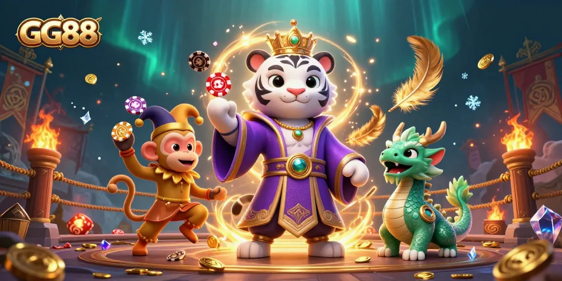 Engage with GG88's thrilling experience featuring an elegant tiger, playful monkey, and jade dragon.