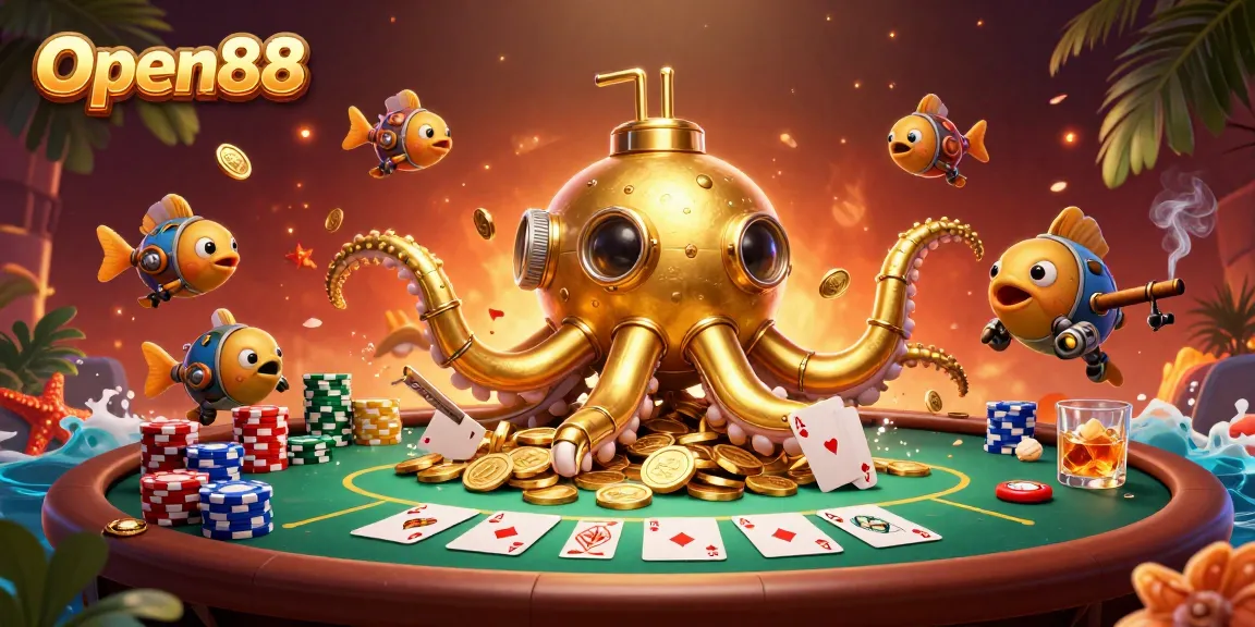 Experience thrilling gaming at Open88 with vibrant imagery featuring a kraken in a poker scene.