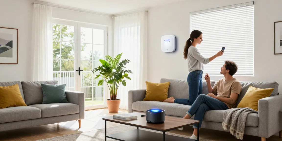 IKEA smart home setup in a modern living room with smart lighting and stylish furniture, creating a cozy atmosphere.