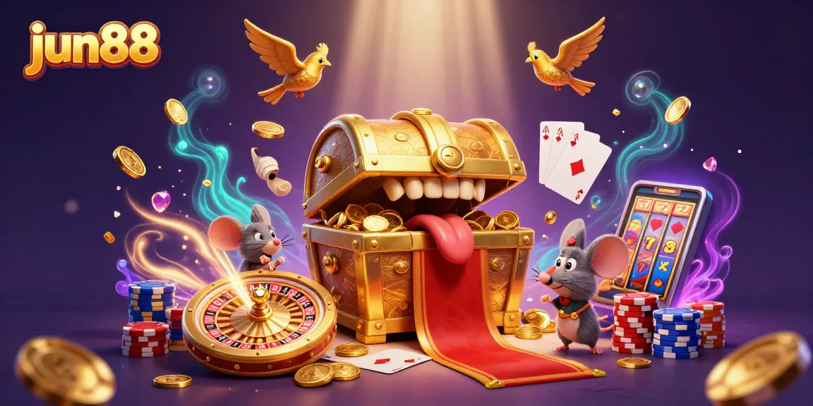 Experience exciting wins with jun88's vibrant casino-themed illustration depicting treasure and adventure.